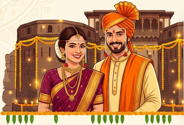 Marathi bride and groom in traditional attire